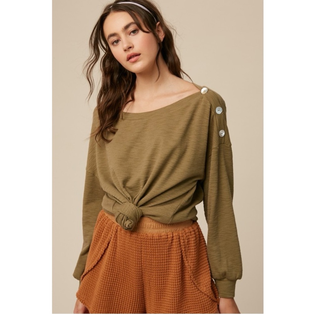 804 - Olive Green Button-Shoulder Knit Top - Women's